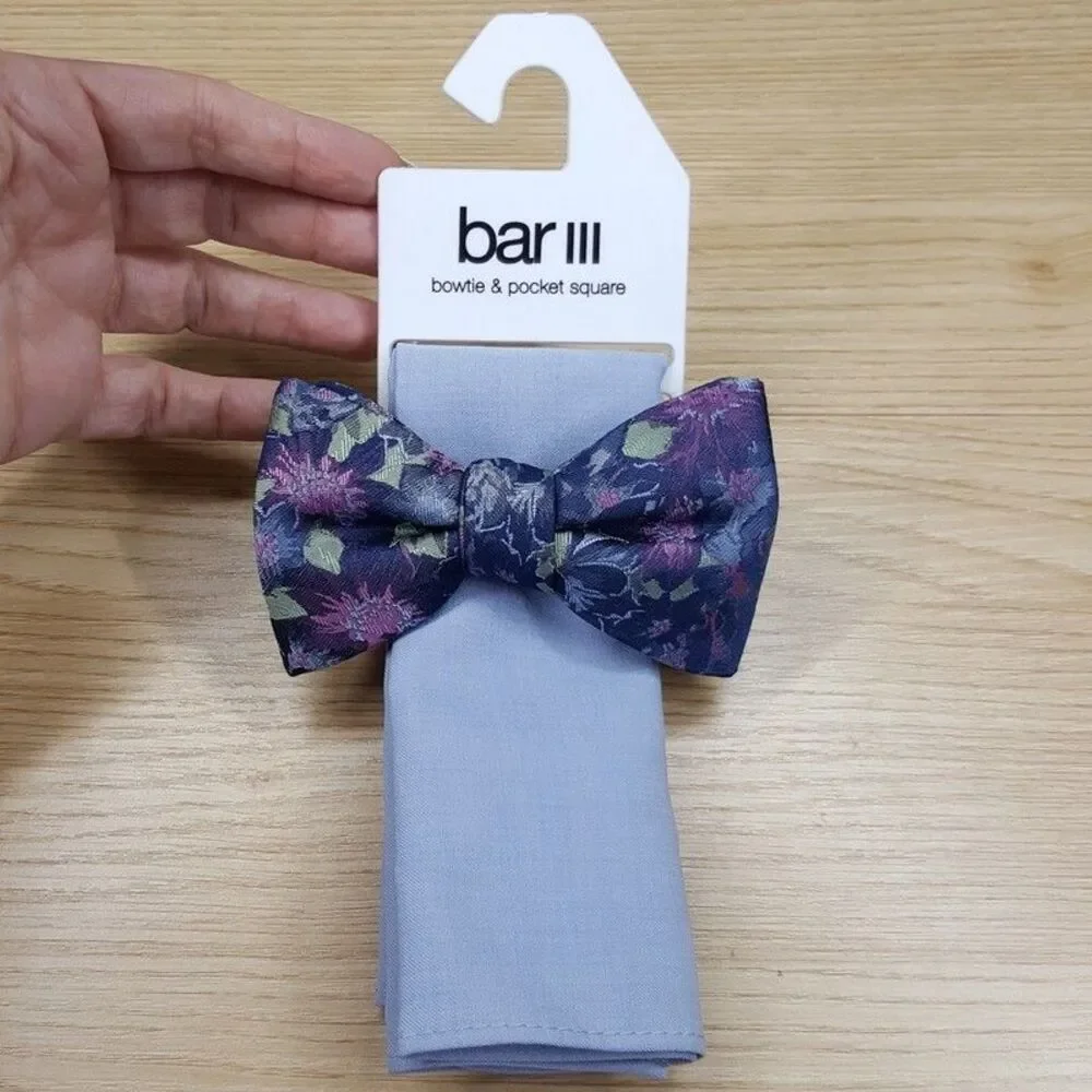 BAR III Mens Blue Floral Bow Tie + Solid Pocket Square Set